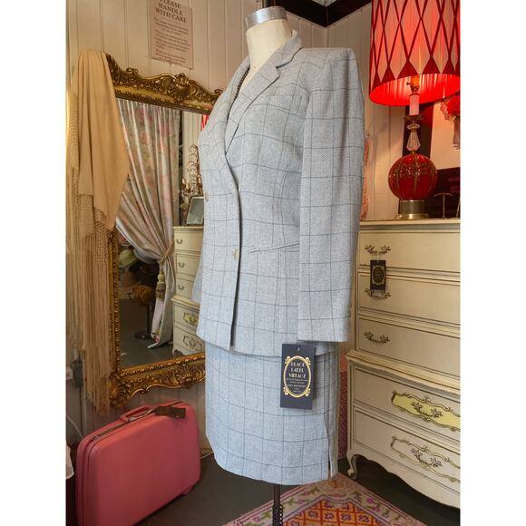 vintage 1990s Ungaro gray plaid womens suit double breasted jacket med 6 skirt - Picture 7 of 8